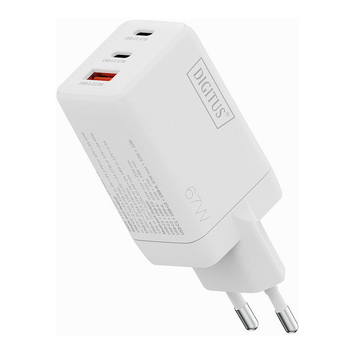 Digitus Cargador USB GaN 67W con 2 Puertos USB-C y 1 USB-A, Carga Rápida, Interior, Blanco, Máximo 3 Dispositivos