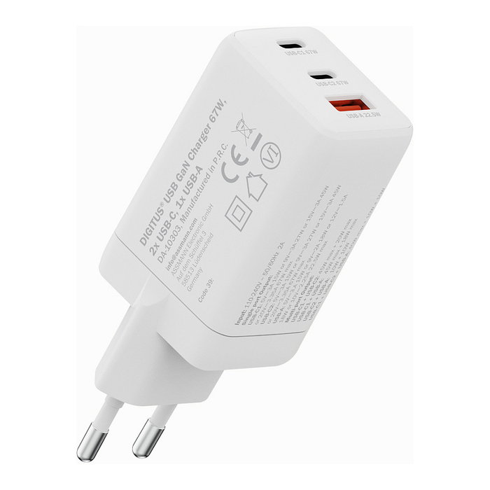 Digitus Cargador USB GaN 67W con 2 Puertos USB-C y 1 USB-A, Carga Rápida, Interior, Blanco, Máximo 3 Dispositivos