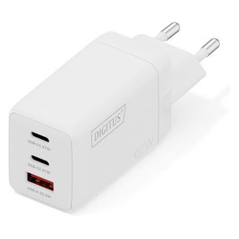 Digitus Cargador USB GaN 67W con 2 Puertos USB-C y 1 USB-A, Carga Rápida, Interior, Blanco, Máximo 3 Dispositivos