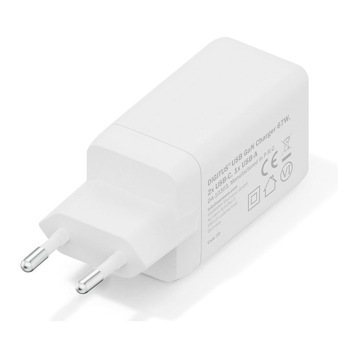 Digitus Cargador USB GaN 67W con 2 Puertos USB-C y 1 USB-A, Carga Rápida, Interior, Blanco, Máximo 3 Dispositivos