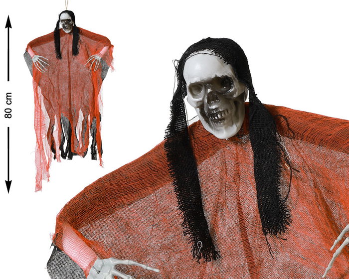 Esqueleto Colgante Con Capa Roja Y Pelo Negro 80 cm Para Decoración Halloween Esqueleto Colgante Con Capa Roja Y Pelo Negro 80 cm Para Decoración Halloween