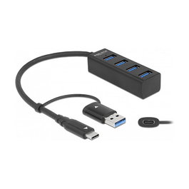 DeLOCK Concentrador USB 3.2 Gen 1 Hub 4 Puertos Tipo-A + Type-C, 5 Gbps, Negro, con Cable de 0.2m, Plug and Play, Ref: 84719000