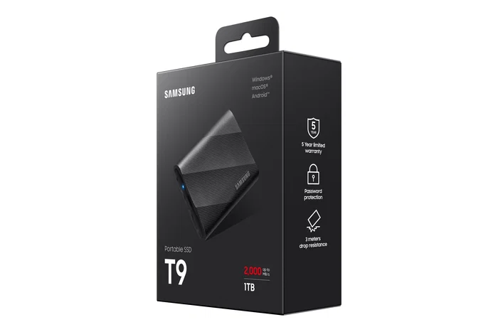 Samsung T9 Portable SSD 1TB - MU-PG1T0B - Disco Duro Externo NVMe USB-C 3.2 Gen 2 (2000 MB/s) Negro