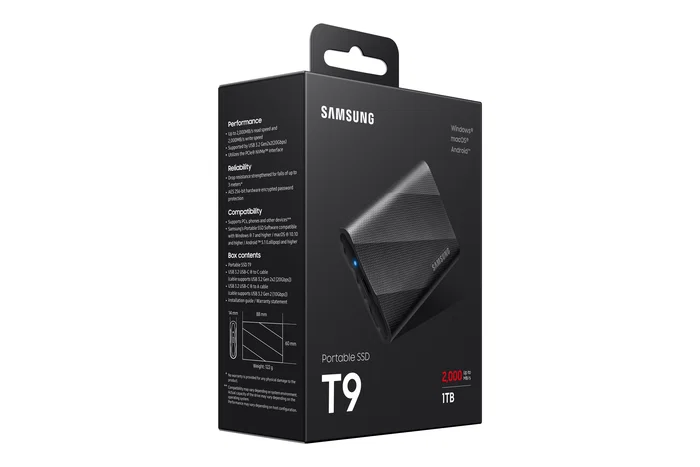 Samsung T9 Portable SSD 1TB - MU-PG1T0B - Disco Duro Externo NVMe USB-C 3.2 Gen 2 (2000 MB/s) Negro