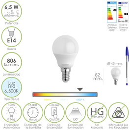 MAURER Bombilla LED Esfera E14 6.5W Luz Fría 6500K