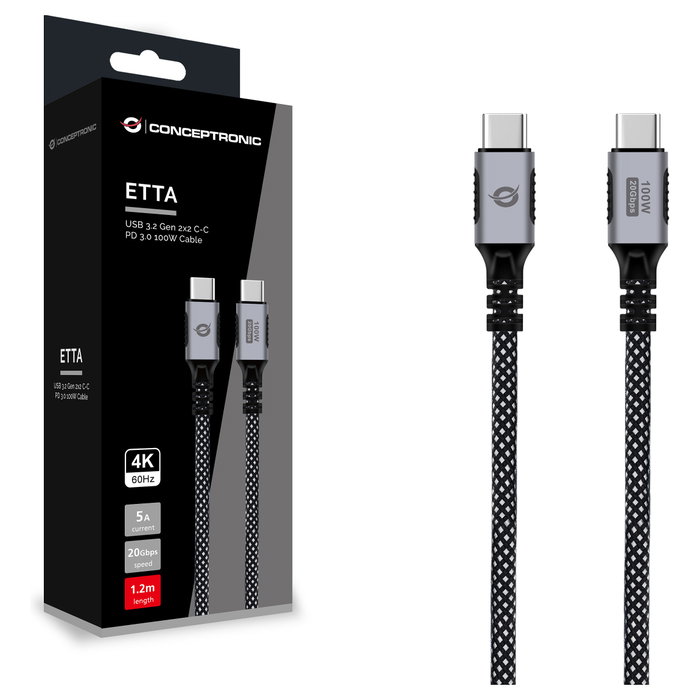 Conceptronic Cable USB-C a USB-C ETTA07B12 1,2m 20Gbps 100W Conceptronic Cable USB-C a USB-C ETTA07B12 1,2m 20Gbps 100W