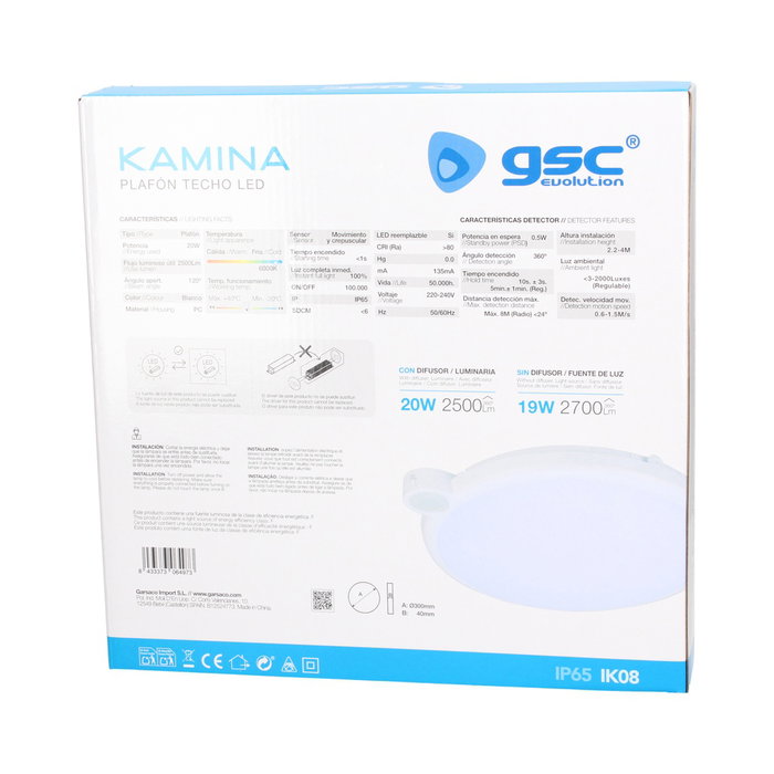GSC Evolution Plafón de techo LED Kamina con sensor de movimiento y crepuscular 20W 6000K