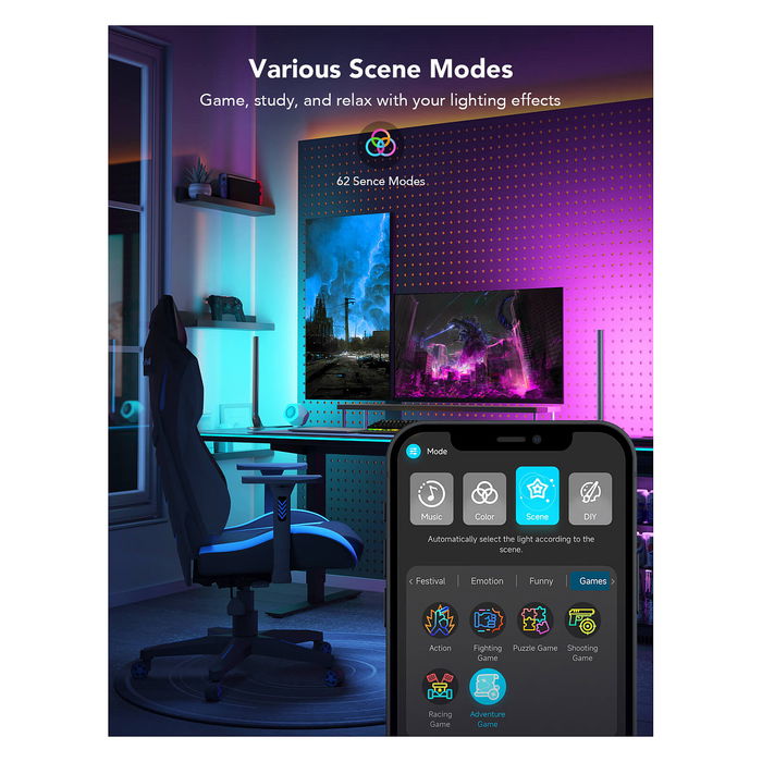 Govee H6047 Barras de Luz Inteligentes para Gaming, Wi-Fi/Bluetooth, Negro, 16 Millones de Colores, Control por Voz, Compatible con Alexa y Google Assistant