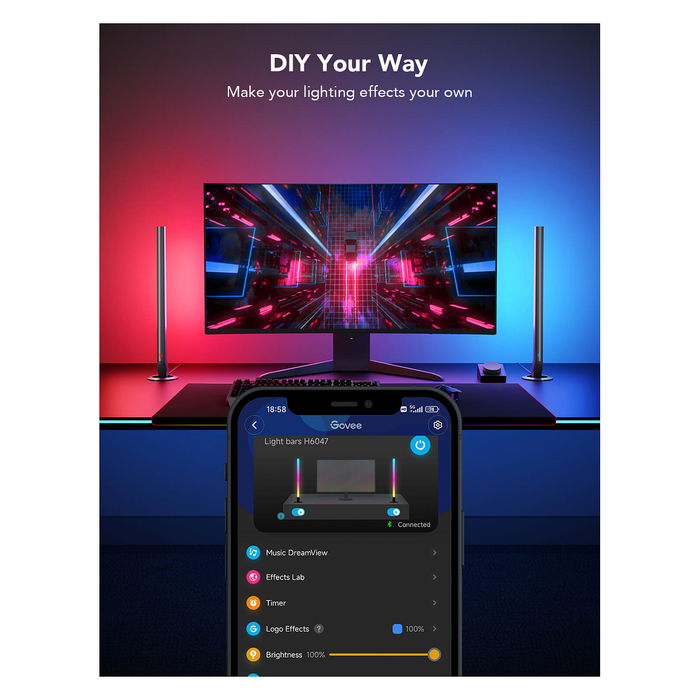 Govee H6047 Barras de Luz Inteligentes para Gaming, Wi-Fi/Bluetooth, Negro, 16 Millones de Colores, Control por Voz, Compatible con Alexa y Google Assistant