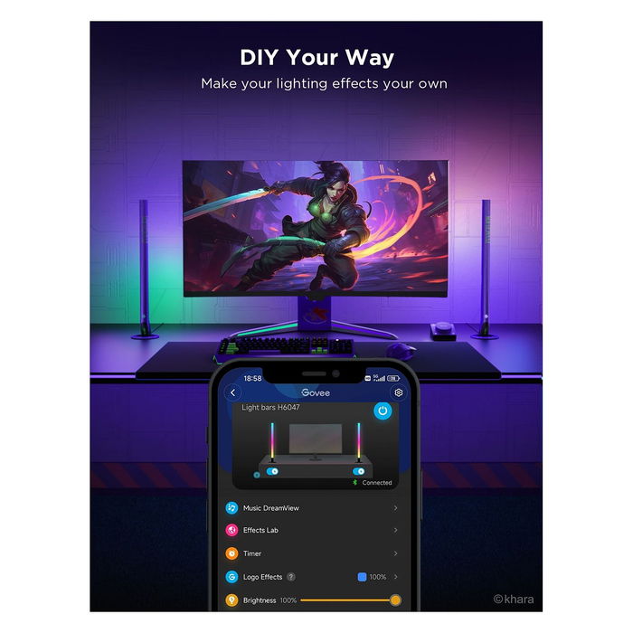 Govee H6047 Barras de Luz Inteligentes para Gaming, Wi-Fi/Bluetooth, Negro, 16 Millones de Colores, Control por Voz, Compatible con Alexa y Google Assistant