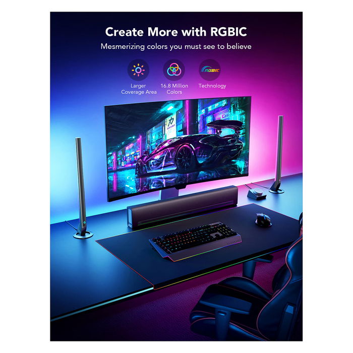 Govee H6047 Barras de Luz Inteligentes para Gaming, Wi-Fi/Bluetooth, Negro, 16 Millones de Colores, Control por Voz, Compatible con Alexa y Google Assistant