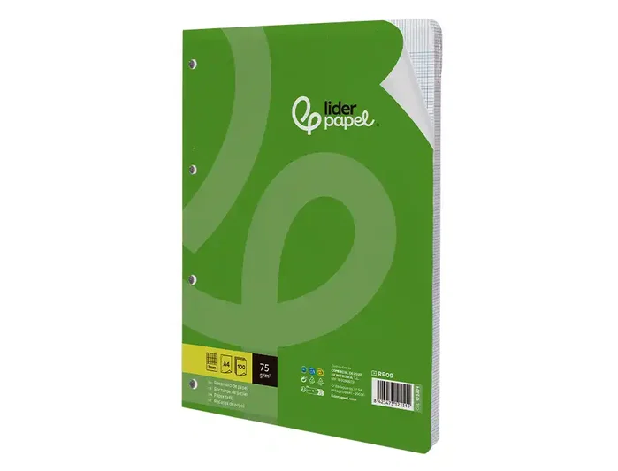 Liderpapel Recambio A4 100 Hojas 75g Milimetrado 2 mm Sin Margen 4 Taladros