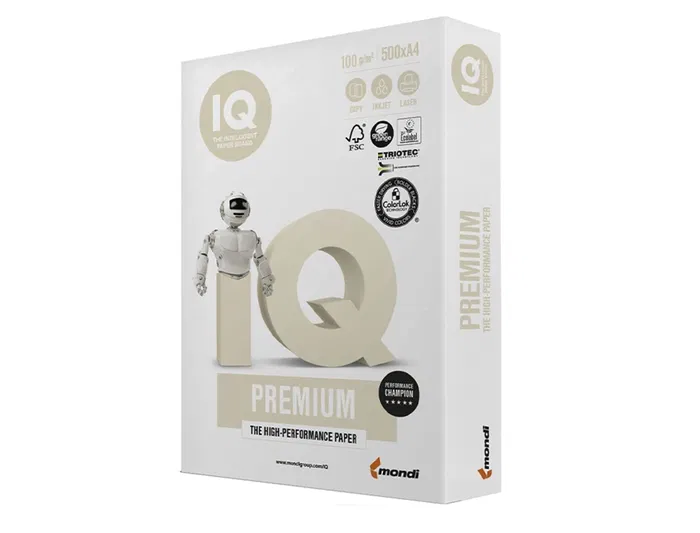 Iq premium Papel Multifuncion DIN A4 100 gramos Paquete 500 Hojas Blanco Alta Calidad ColorLok Certificado Ecolabel