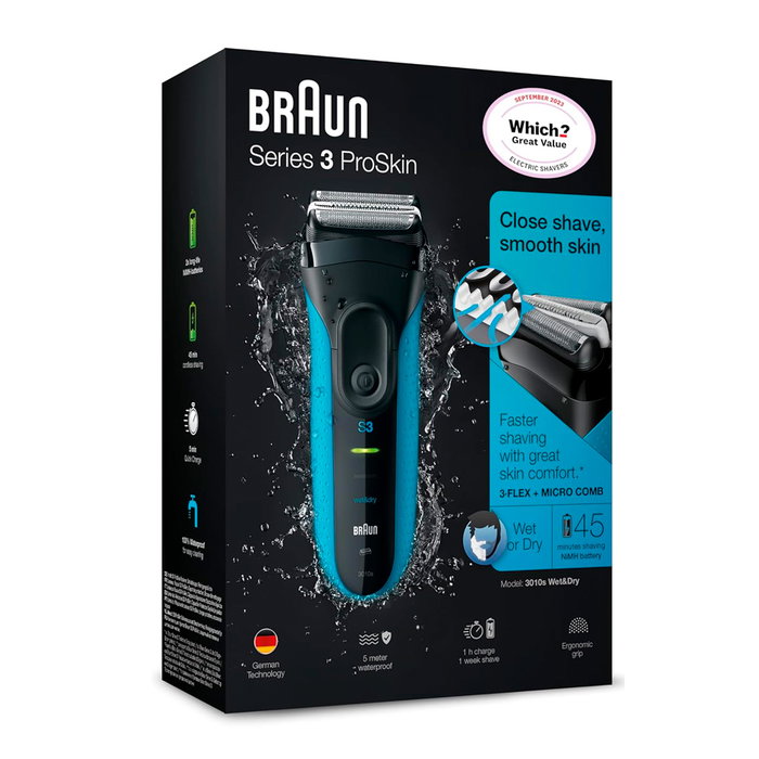 Braun Afeitadora Eléctrica Serie 3 Proskin Azul 600W Triple Acción Húmedo/Seco Recargable