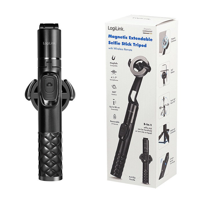 LogiLink BT0069 Palo selfie inalámbrico con trípode magnético, Negro