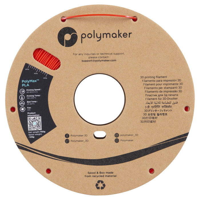Polmask Filamento PLA 1.75mm Color Rojo, Carrete de 0.75 kg, Ideal para Impresoras 3D, Alta Resistencia