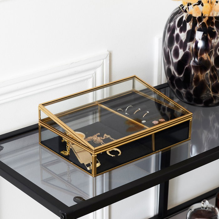 Home Deco Factory Joyero Lounge con Vidrio y Terciopelo, Estructura de Hierro, Color Negro y Oro, 23x16x8 cm