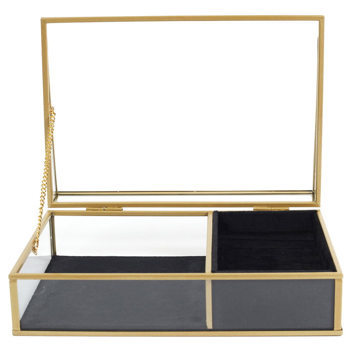 Home Deco Factory Joyero Lounge con Vidrio y Terciopelo, Estructura de Hierro, Color Negro y Oro, 23x16x8 cm