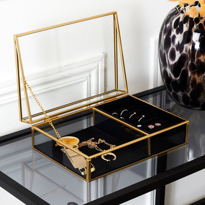 Home Deco Factory Joyero Lounge con Vidrio y Terciopelo, Estructura de Hierro, Color Negro y Oro, 23x16x8 cm
