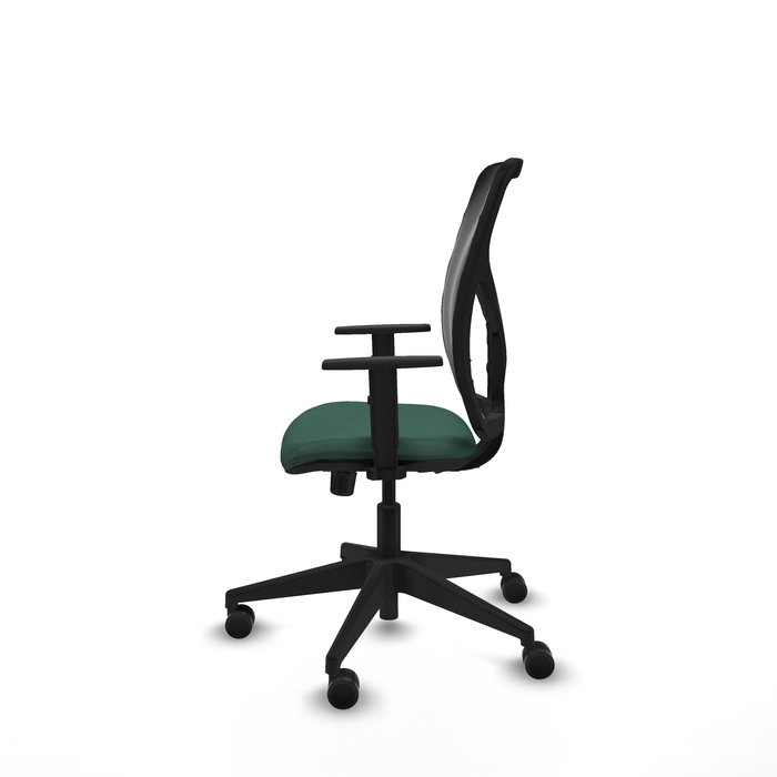 Silla de oficina Motilla con mecanismo Sincro tapizada con Tela color Verde botella y malla color negra. Equipada con lumbar 1D, Brazos 1D y Ruedas 65mm nailon