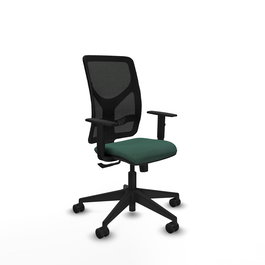 Silla de oficina Motilla con mecanismo Sincro tapizada con Tela color Verde botella y malla color negra. Equipada con lumbar 1D, Brazos 1D y Ruedas 65mm nailon