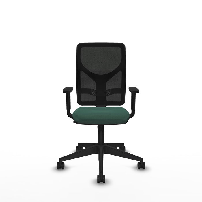 Silla de oficina Motilla con mecanismo Sincro tapizada con Tela color Verde botella y malla color negra. Equipada con lumbar 1D, Brazos 1D y Ruedas 65mm nailon