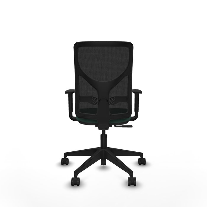 Silla de oficina Motilla con mecanismo Sincro tapizada con Tela color Verde botella y malla color negra. Equipada con lumbar 1D, Brazos 1D y Ruedas 65mm nailon