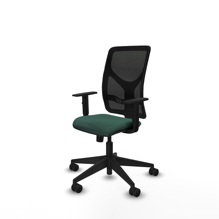 Silla de oficina Motilla con mecanismo Sincro tapizada con Tela color Verde botella y malla color negra. Equipada con lumbar 1D, Brazos 1D y Ruedas 65mm nailon