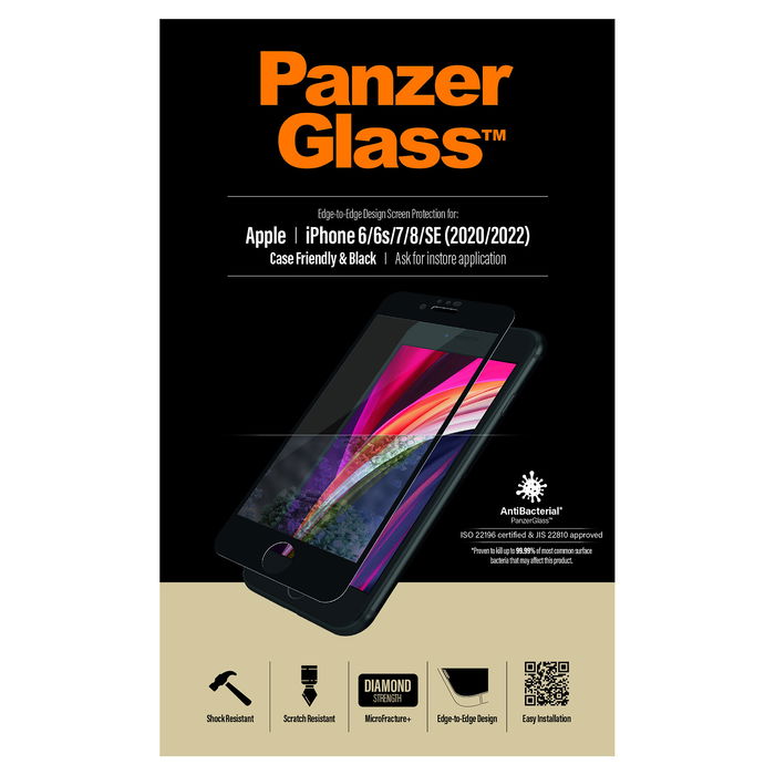 PanzerGlass E2E Protector de Pantalla para iPhone 6/7/8/SE 2020/2022 Negro Vidrio Templado