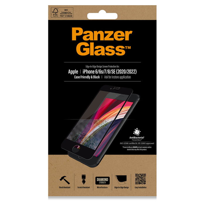 PanzerGlass E2E Protector de Pantalla para iPhone 6/7/8/SE 2020/2022 Negro Vidrio Templado