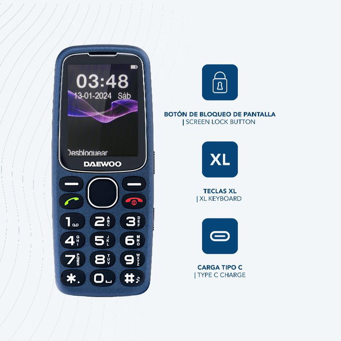 Daewoo Senior Pant 2.4 Teléfono Móvil - Pantalla 2.4 Pulgadas, Cámara, Radio FM, Luz SOS y Linterna, Color Azul