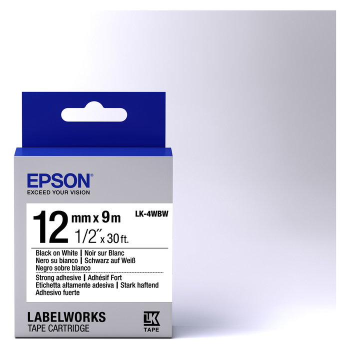 Epson Cinta Adhesiva LK-4WBW - Rollo de Etiquetas Resistente 1.2 cm x 9 m, Negro sobre Blanco, para LabelWorks LW Series