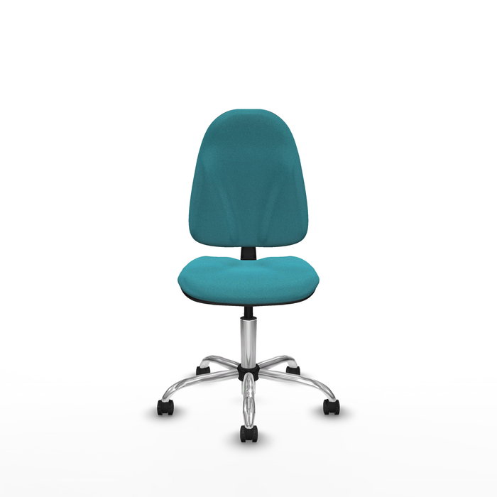 Silla de oficina Algarra con mecanismo Contacto permanente básico tapizada con Tela color Turquesa. Equipada con Base cromada, Sin brazos y Ruedas de parqué