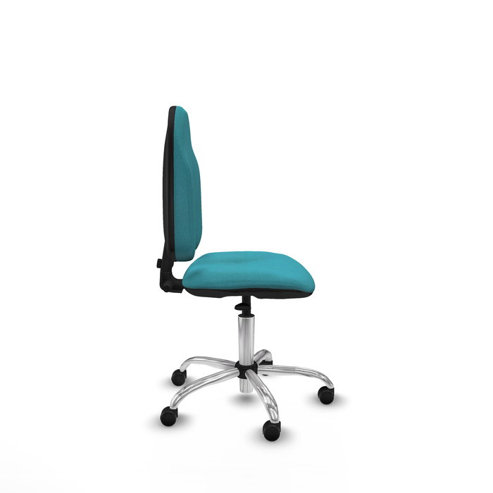 Silla de oficina Algarra con mecanismo Contacto permanente básico tapizada con Tela color Turquesa. Equipada con Base cromada, Sin brazos y Ruedas de parqué