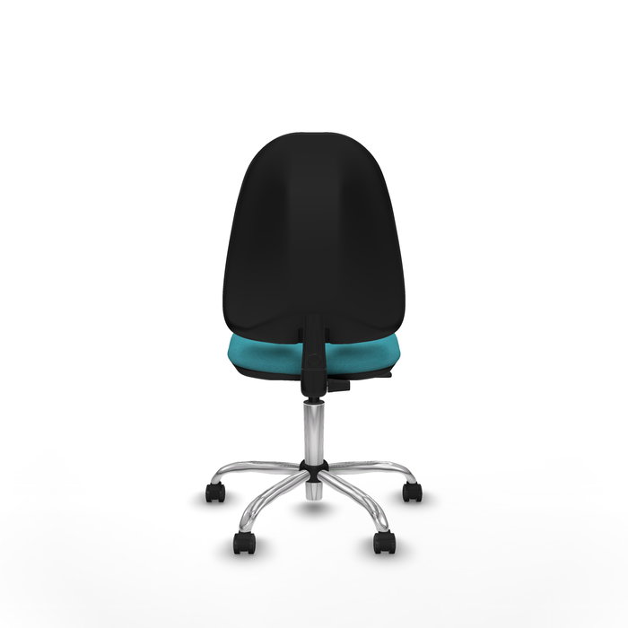 Silla de oficina Algarra con mecanismo Contacto permanente básico tapizada con Tela color Turquesa. Equipada con Base cromada, Sin brazos y Ruedas de parqué