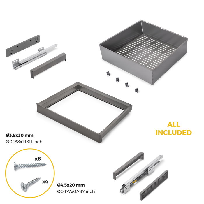 Emuca Kit de cajón metálico y bastidor regulable Quartz para armarios, guías de cierre suave y extracción total, Módulo 60cm, Acabado Titanio