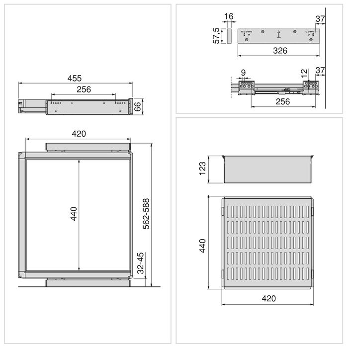 Emuca Kit de cajón metálico y bastidor regulable Quartz para armarios, guías de cierre suave y extracción total, Módulo 60cm, Acabado Titanio
