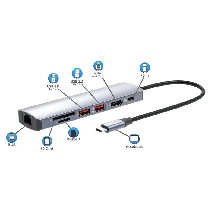 MANHATTAN 7-in-1 Dockingstation USB-C con 1xHDMI y 2xUSB 10Gb/s MANHATTAN 7-in-1 Dockingstation USB-C con 1xHDMI y 2xUSB 10Gb/s