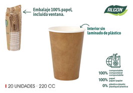 Algon Set 20 Vasos Cartón Kraft 220 cc 7 x 9.5 x 7 cm (20 Unidades)
