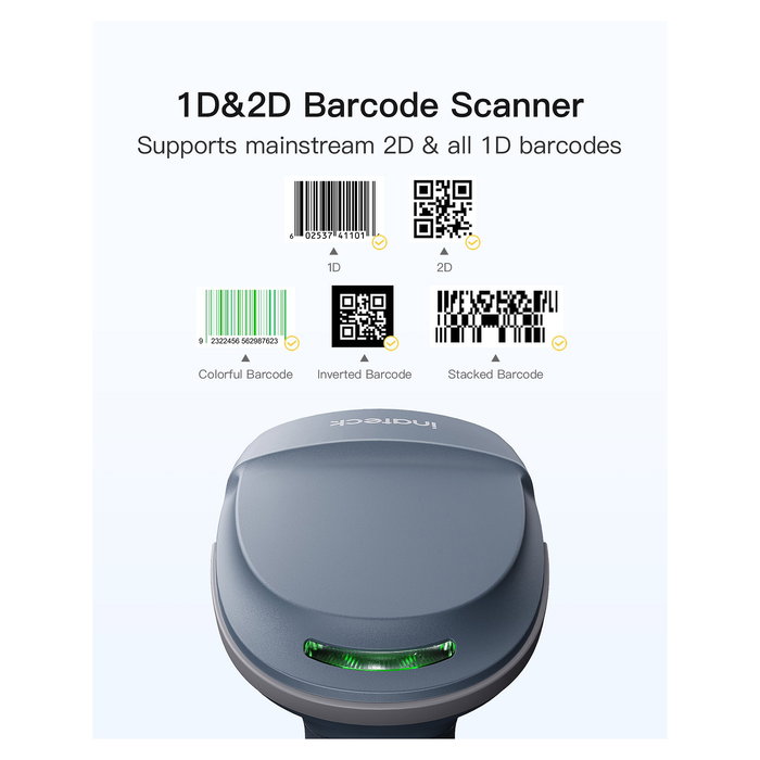 Inateck Lector de Códigos de Barras Portátil BCST-54_blue, Escáner CMOS 1D/2D Inalámbrico y Cableado, Bluetooth, USB, Lector de Códigos 1D y 2D, Color Azul