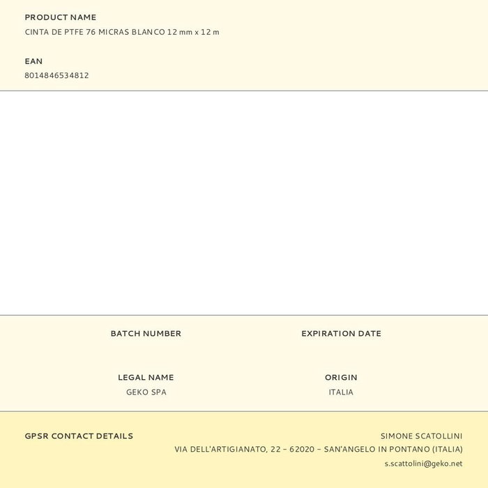 Geko Cinta PTFE 76 micras Blanco 12 mm x 12 m Fontanería Riego