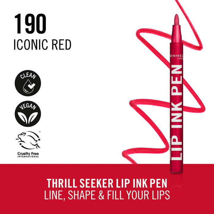 Rimmel London LIP INK PEN Labial Líquido en Marcador, Color Iconic Red #190, 1.7 ml - Acabado Satinado, Resistente y Ligero
