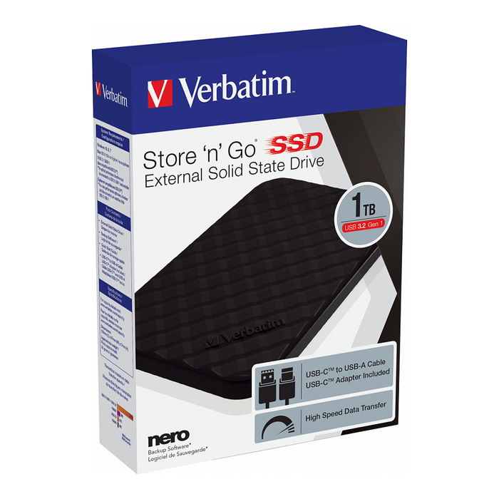 Verbatim 53230 - SSD Portátil Store 'n' Go USB 3.2 Gen 1 de 1 TB, Negro, USB Tipo C, Compatible con Windows 10/8/7
