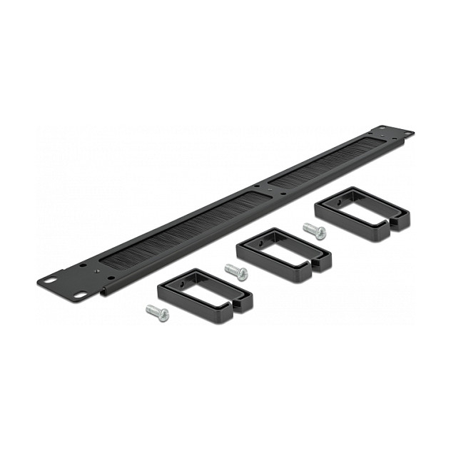 DeLOCK Panel pasacables con cepillo de 19″ con 3 ganchos, 1U, negro