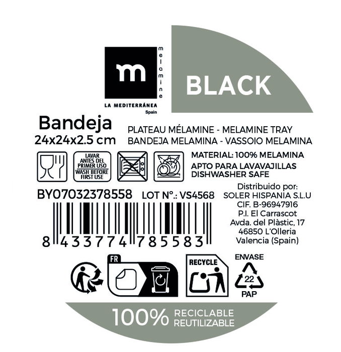 La Mediterrane Bandeja Melamina Mate Blanca 24 x 24 x 2.5 cm (12 Unidades)