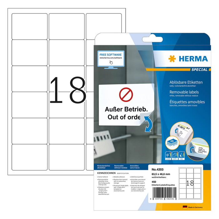 HERMA Etiquetas A4 blancas 63,5x46,6 mm desprendibles, 450 unidades HERMA Etiquetas A4 blancas 63,5x46,6 mm desprendibles, 450 unidades