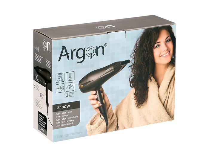 Argon Secador de Pelo Negro Mate Dorado 2400W, Con Difusor, Dimensiones 26.5x27x8.5 cm, 1.8m Cable, 50-60Hz, Enchufe VDE (Set de 6)