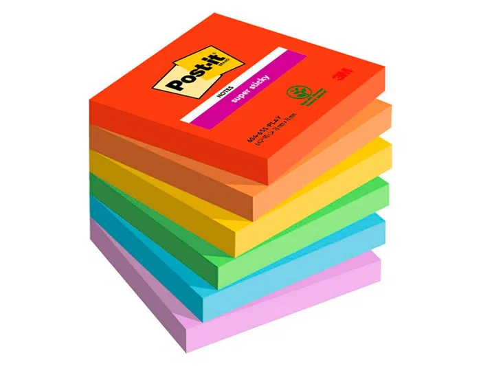 Post-it Bloc de Notas Adhesivas Super Sticky Playful 76x76 mm 90 Hojas 100% PEFC Pack de 6 Unidades Post-it Bloc de Notas Adhesivas Super Sticky Playful 76x76 mm 90 Hojas 100% PEFC Pack de 6 Unidades