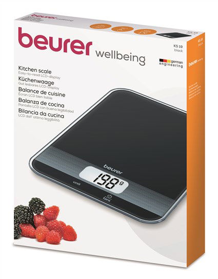 Beurer KS-19 Balanza de Cocina Negra con Pantalla LCD, Capacidad 5 kg, Vidrio Ultra Plano