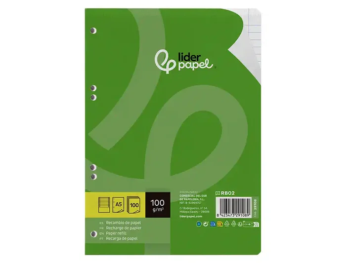 Liderpapel Recambio A5 100 Hojas 100gr Horizontal Doble Margen 6 Taladros